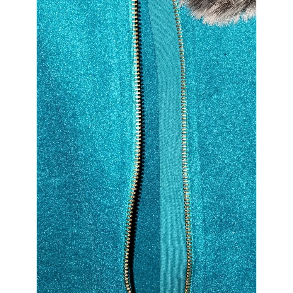 Gymboree Girls Blue Green Zip Faux Fur Collar Fleece Jacket Coat‎ Large 10-12